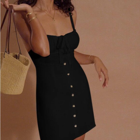 COMMENSE Darling Linen Plain Mini Dress in Black NWT S - Picture 1 of 9